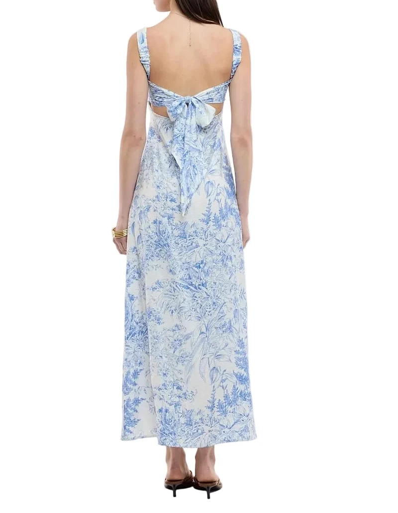Light blue floral midi dress with low square back and spaghetti straps
