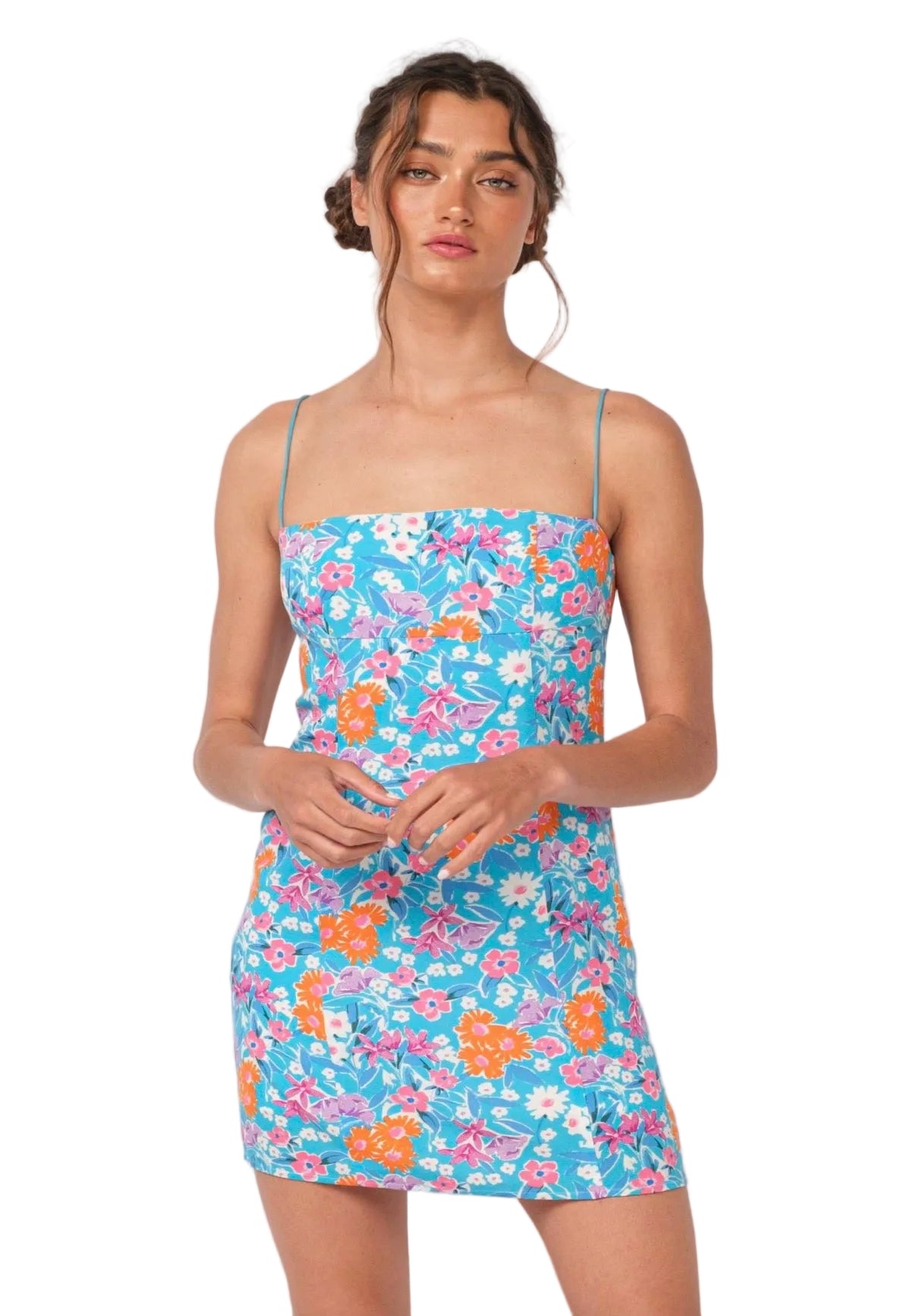 Floral mini dress with spaghetti straps, turquoise blue with pink and orange flowers.