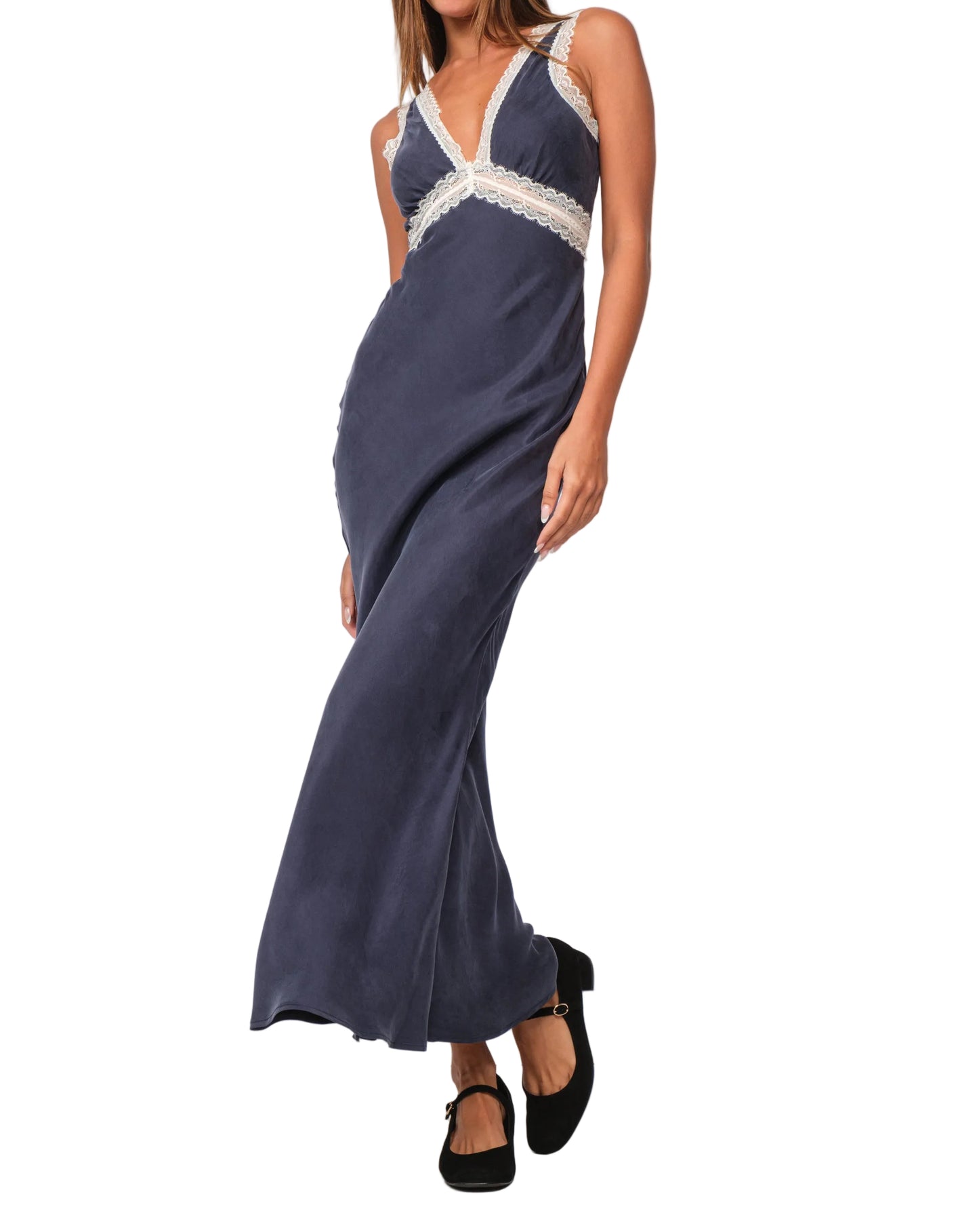 Sleeveless navy dress with lace V-neck and fitted mermaid maxi hem