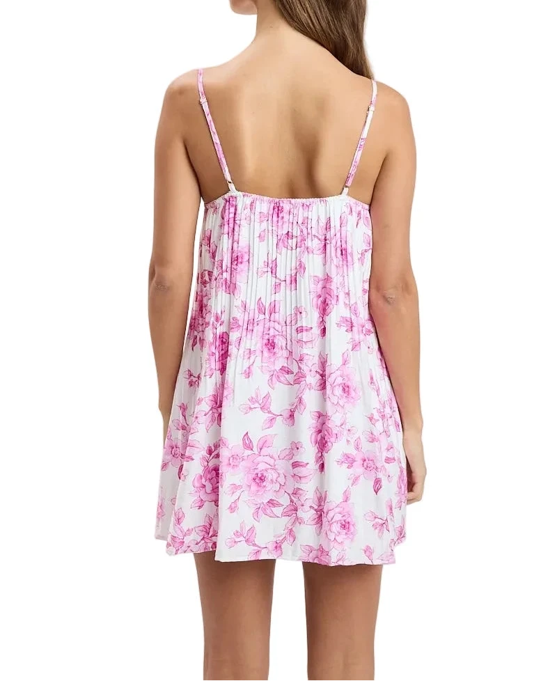 Floral babydoll dress with spaghetti straps, open back, pink print on white