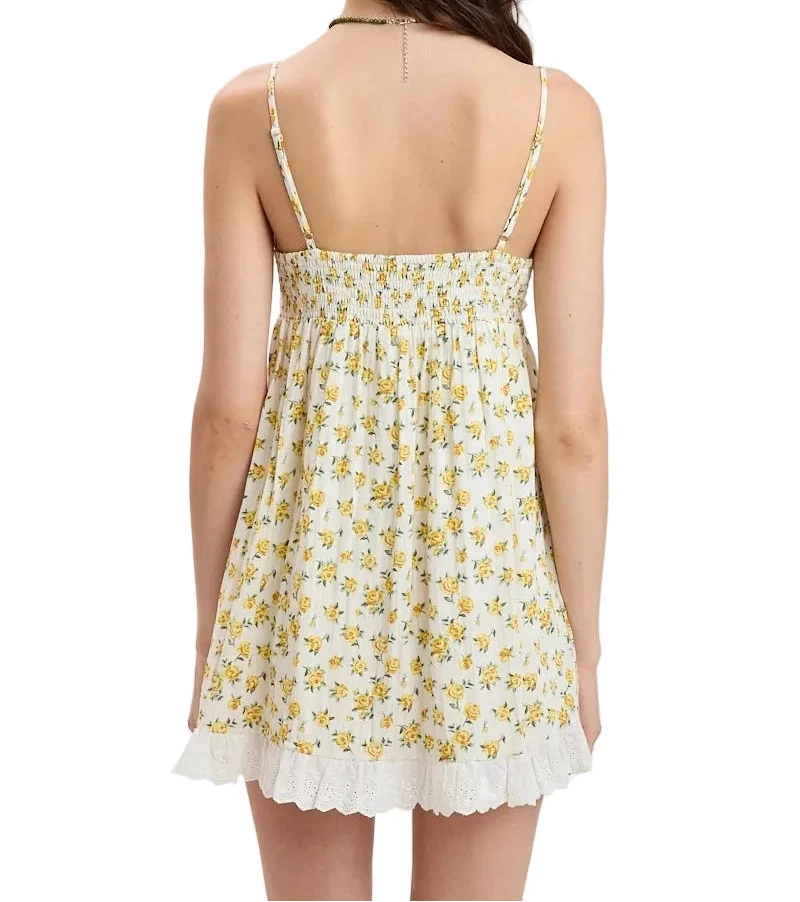 Sophia dress: yellow floral spaghetti-strap mini with lace-trim hem (back)