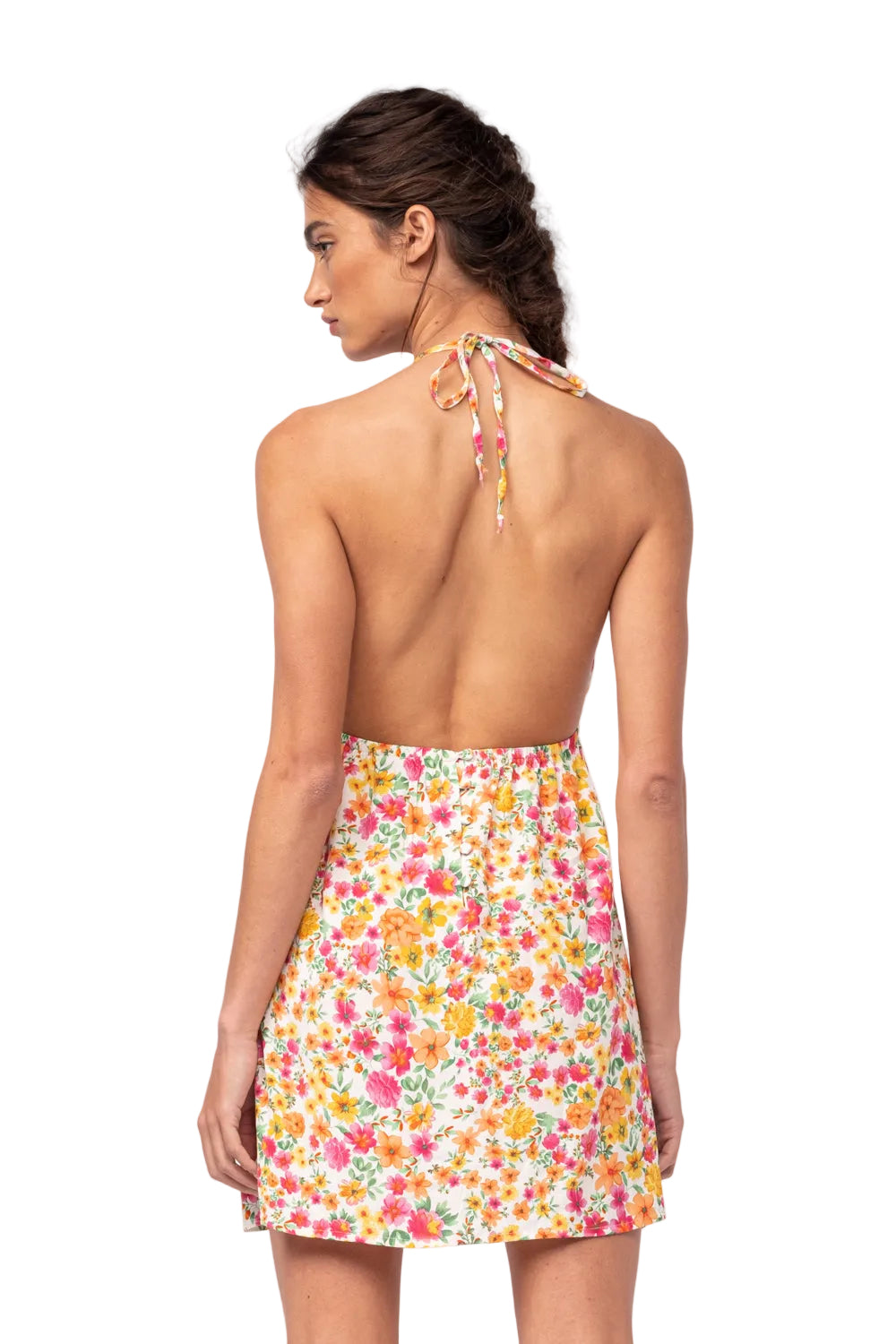 Floral sundress with open back and tie shoulder straps, multicolor flower print