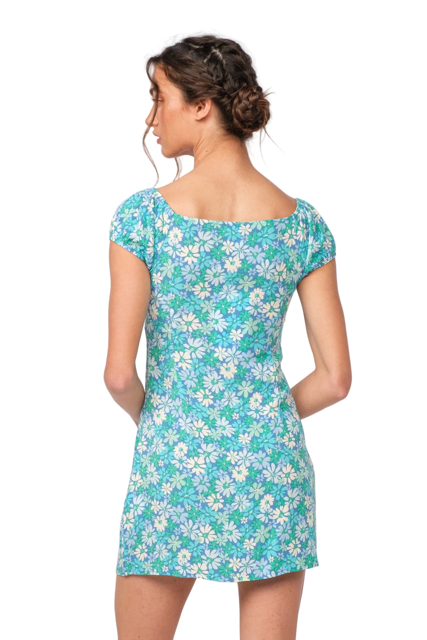 Turquoise daisy-print mini dress with short sleeves, back view