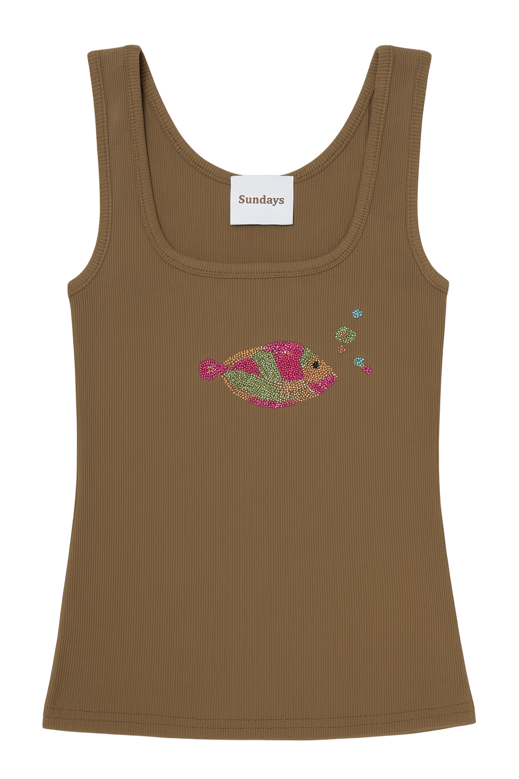 Brown tank top with a colorful fish design on a white background