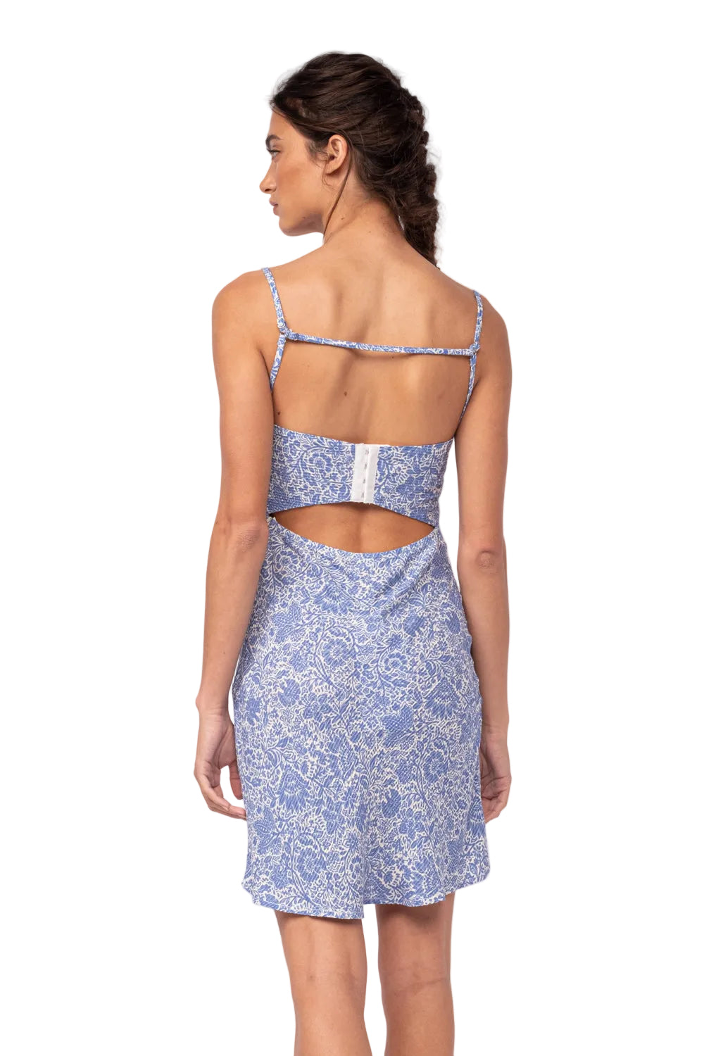 Blue patterned Zoey dress with open back cutout and thin straps