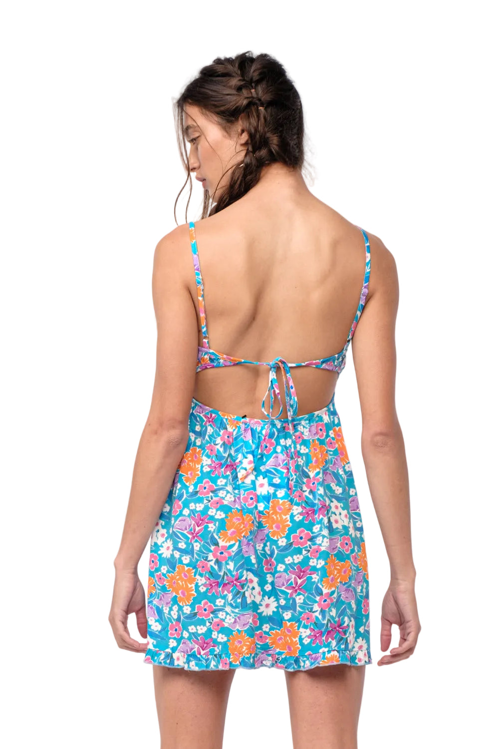 Floral backless mini dress with crisscross tie straps and gathered skirt