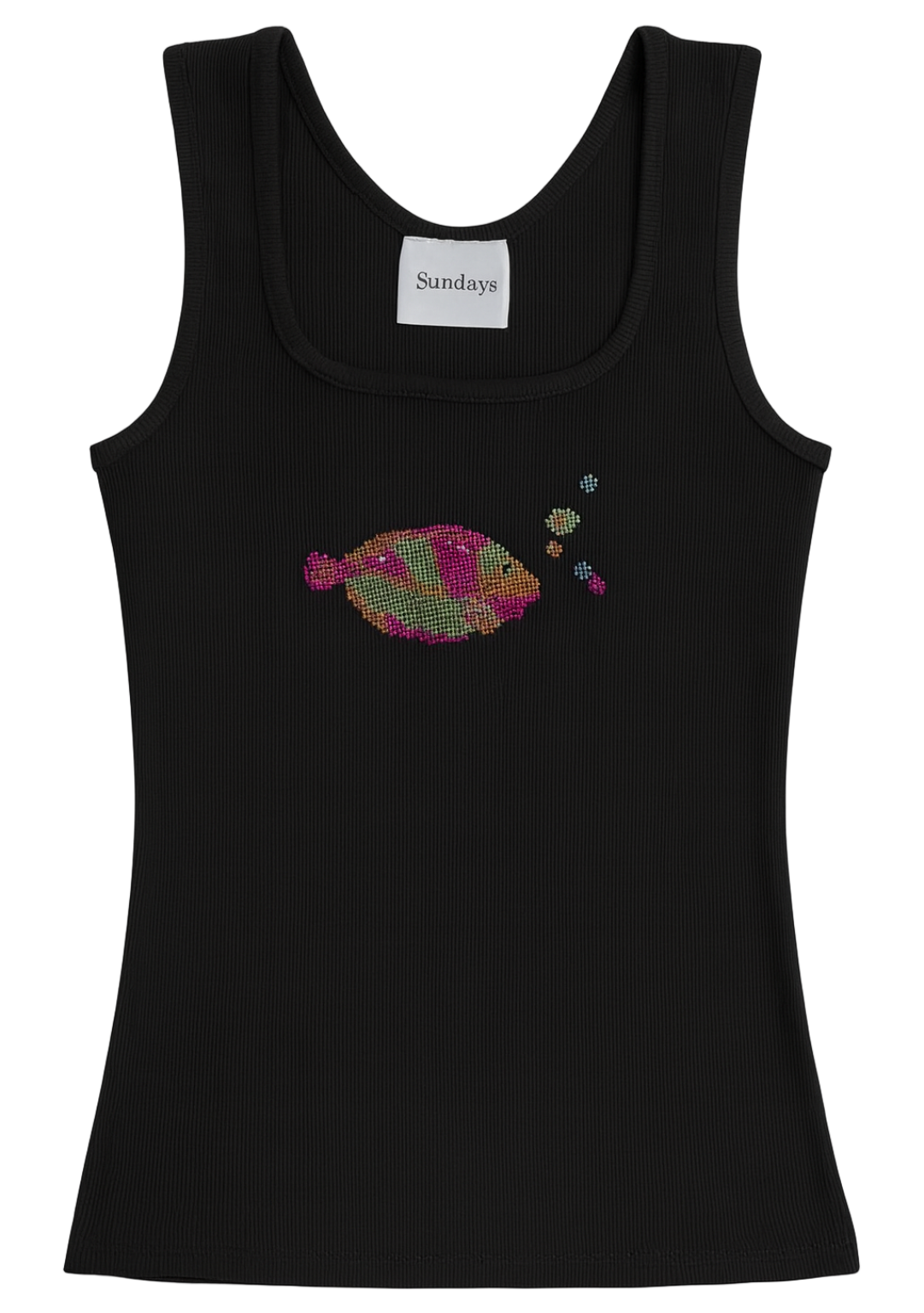 Black tank top with a colorful fish design on a white background