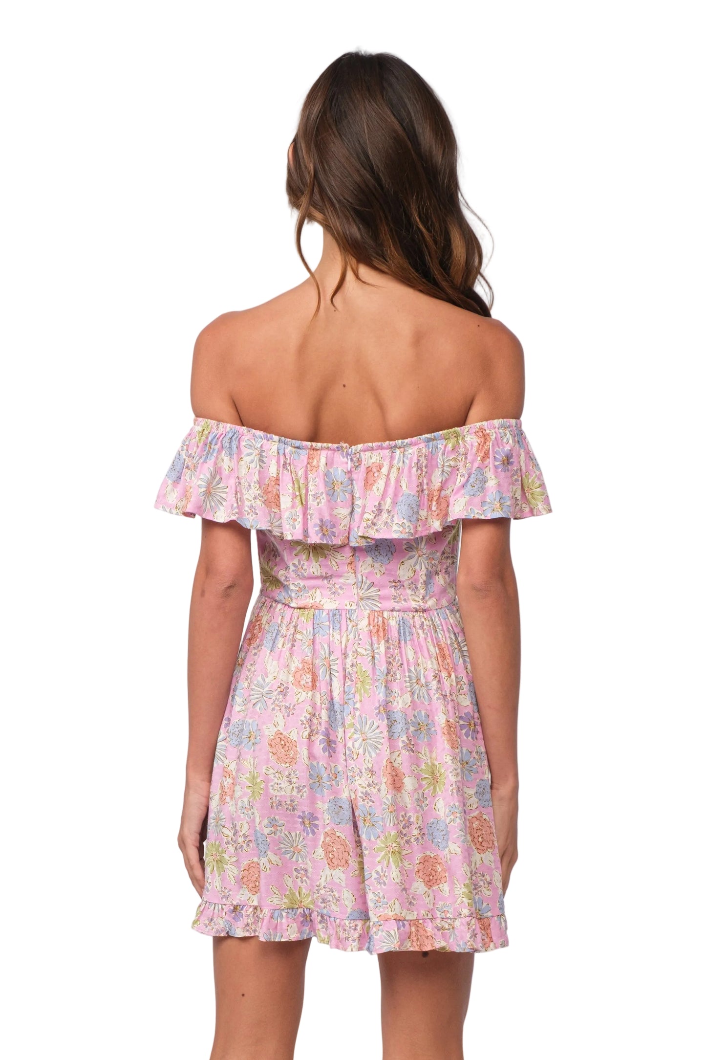Juliana back view dress with off-shoulder ruffle, pink floral print, tiered skirt