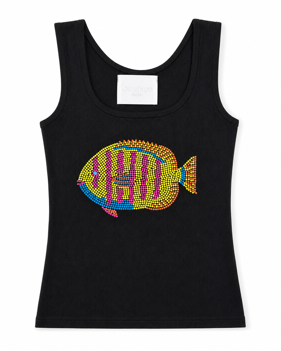 Yellow Fish Rhinestone Black Tank Top