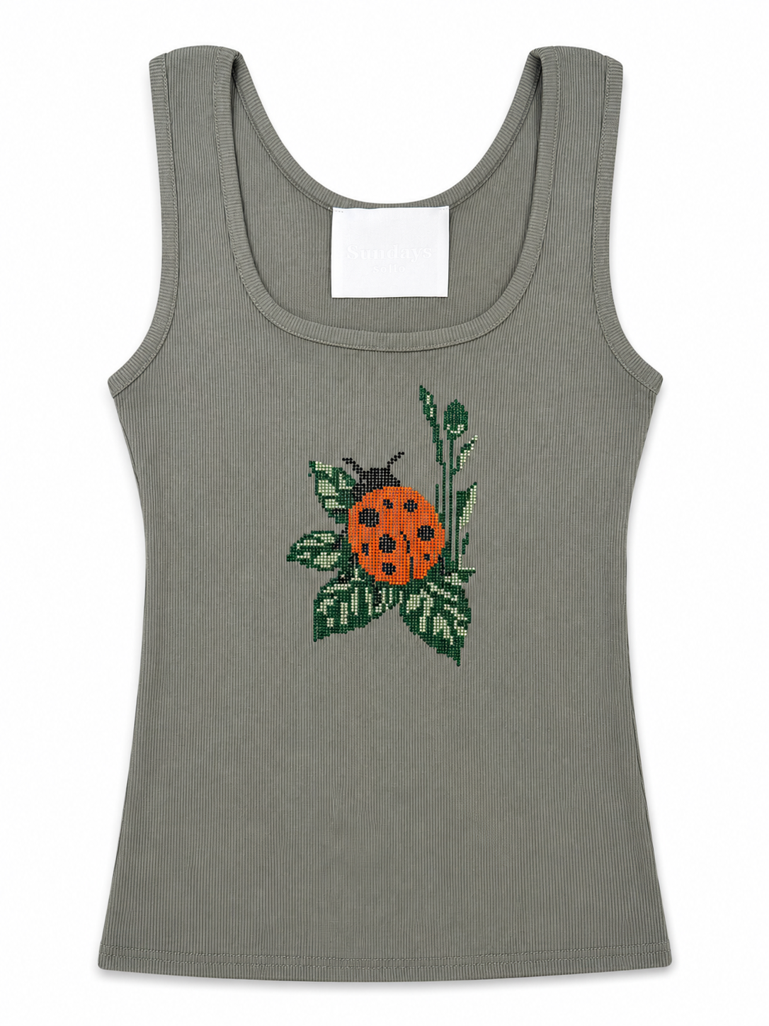 Rhinestone Ladybug Ribbed Tank Top - Olive Green