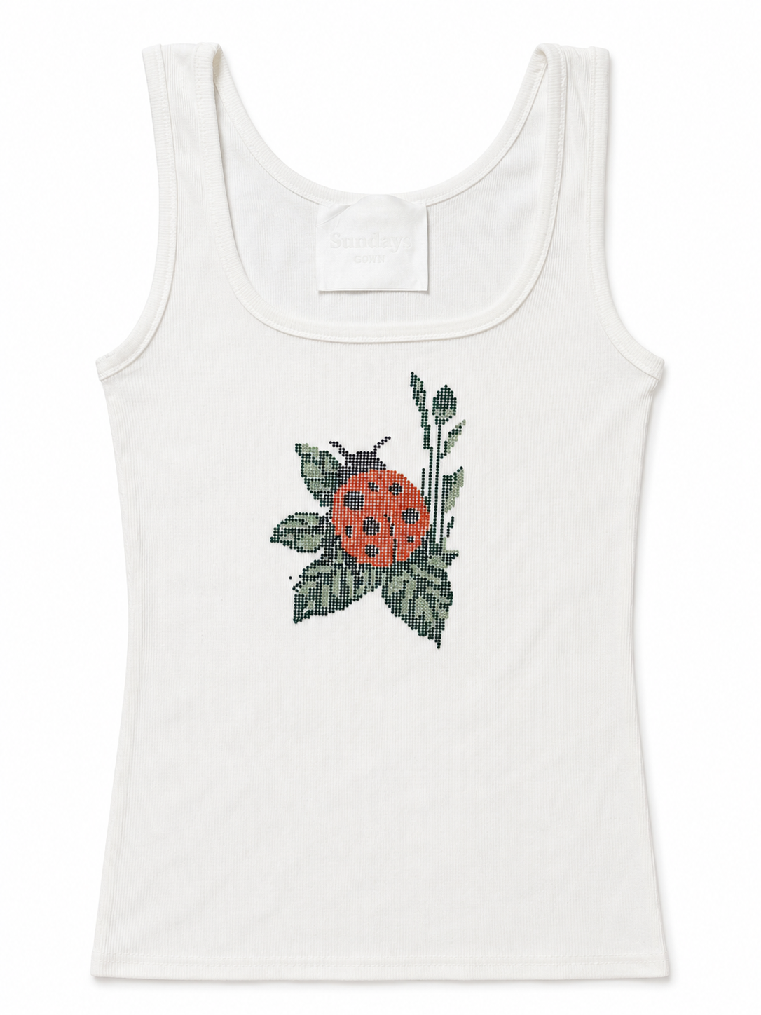 Rhinestone Ladybug Ribbed Tank Top - White
