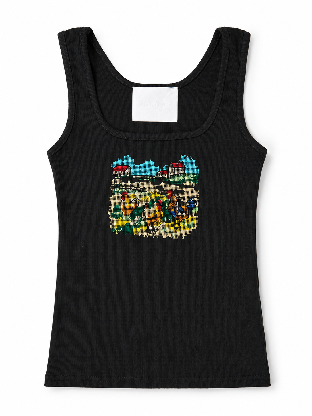 Rhinestone Countryside Graphic Ribbed Tank Top - Black