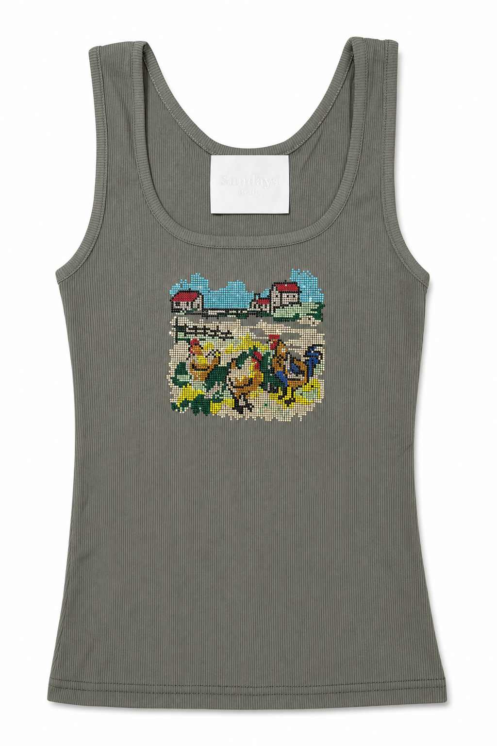 Rhinestone Countryside Graphic Ribbed Tank Top - Olive Green