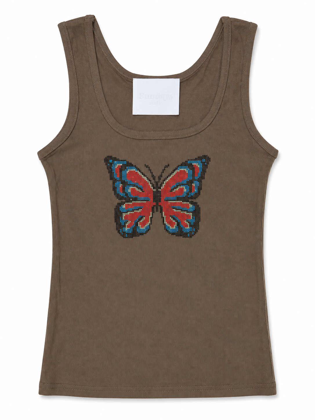 Rhinestone Butterfly Graphic Ribbed Tank Top - Brown
