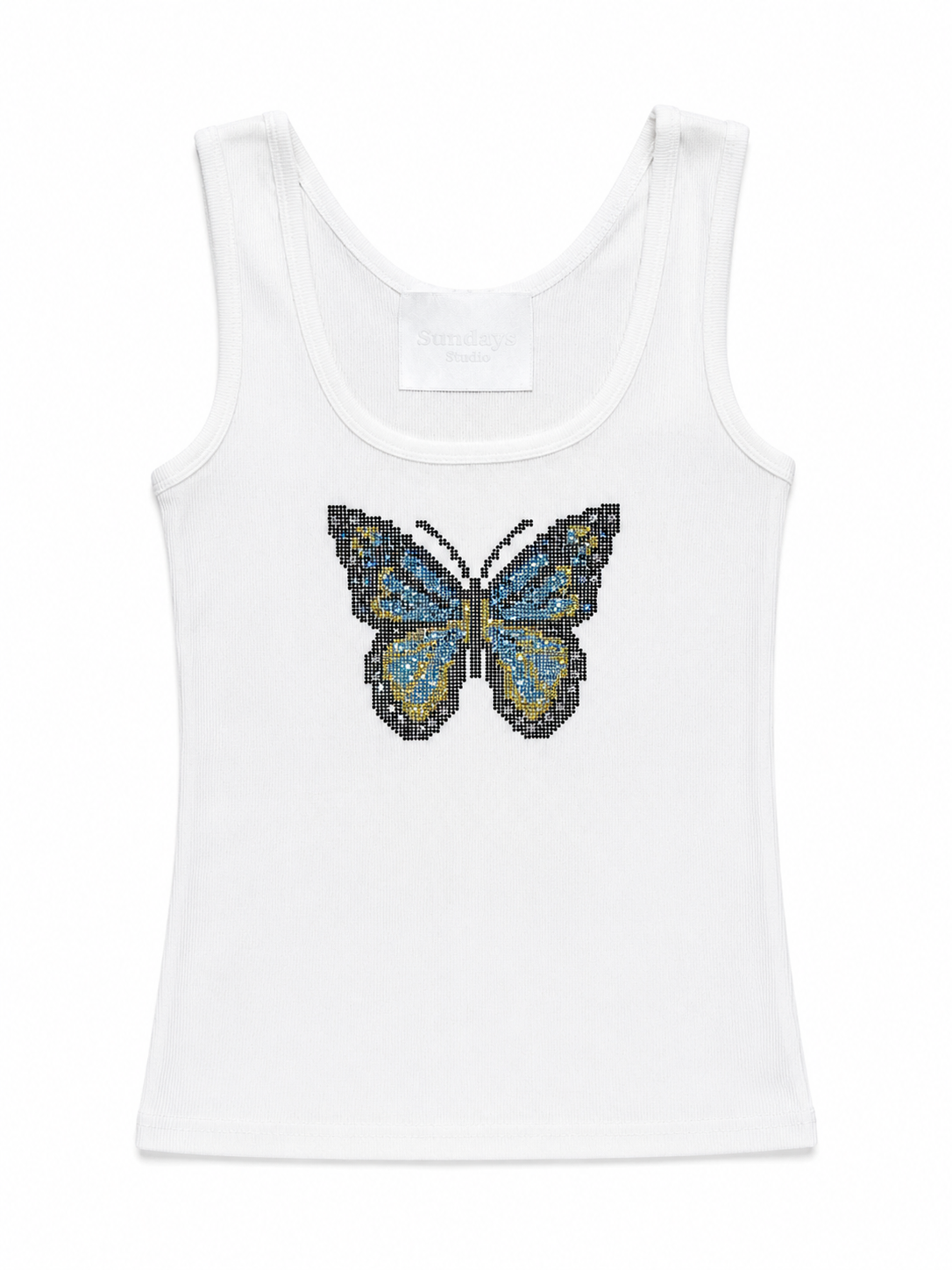 Rhinestone Blue Butterfly Graphic Ribbed Tank Top - WHITE