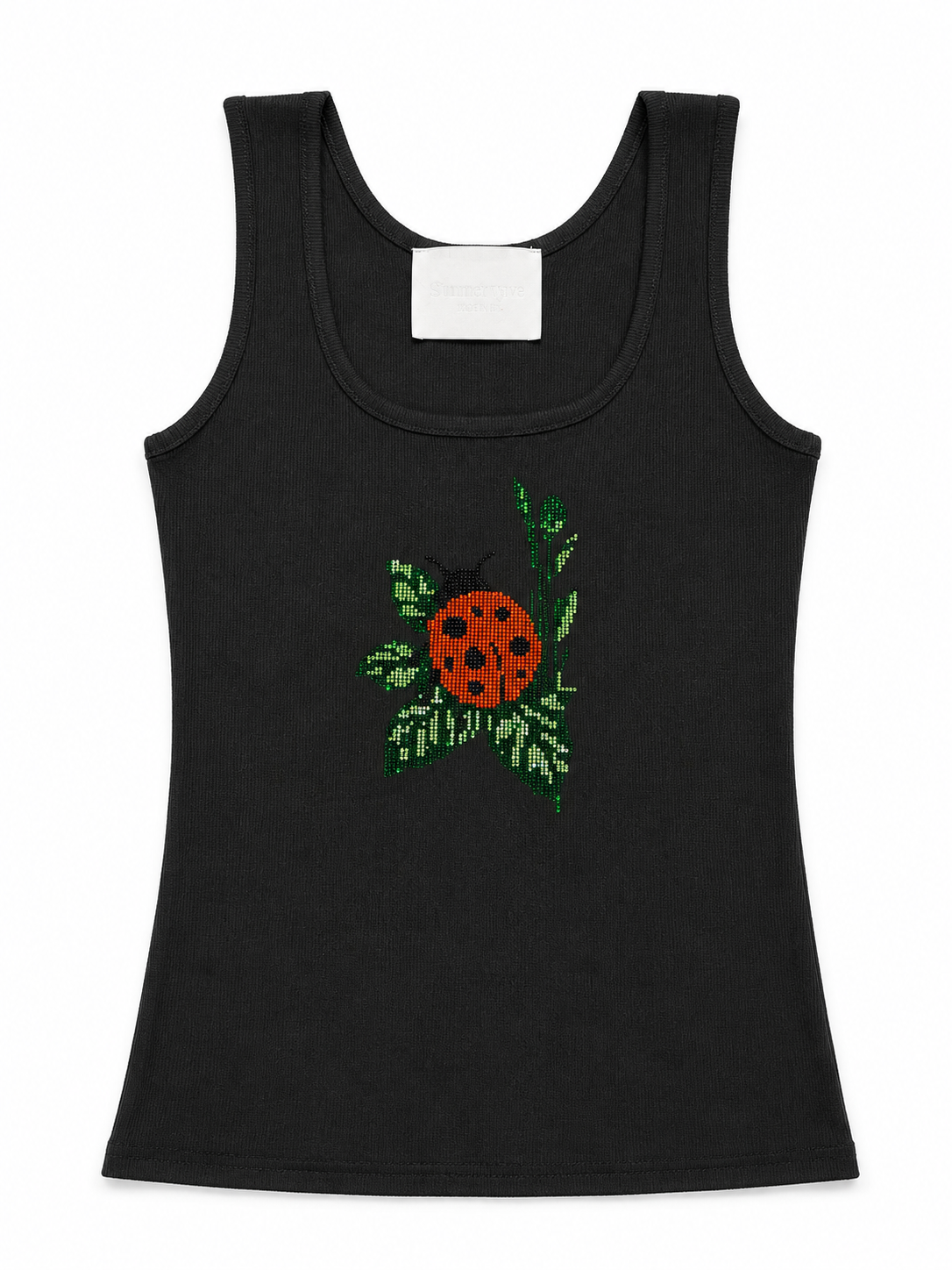 Rhinestone Ladybug Ribbed Tank Top - Black