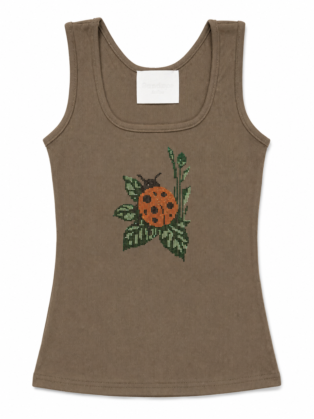 Rhinestone Ladybug Ribbed Tank Top - Brown