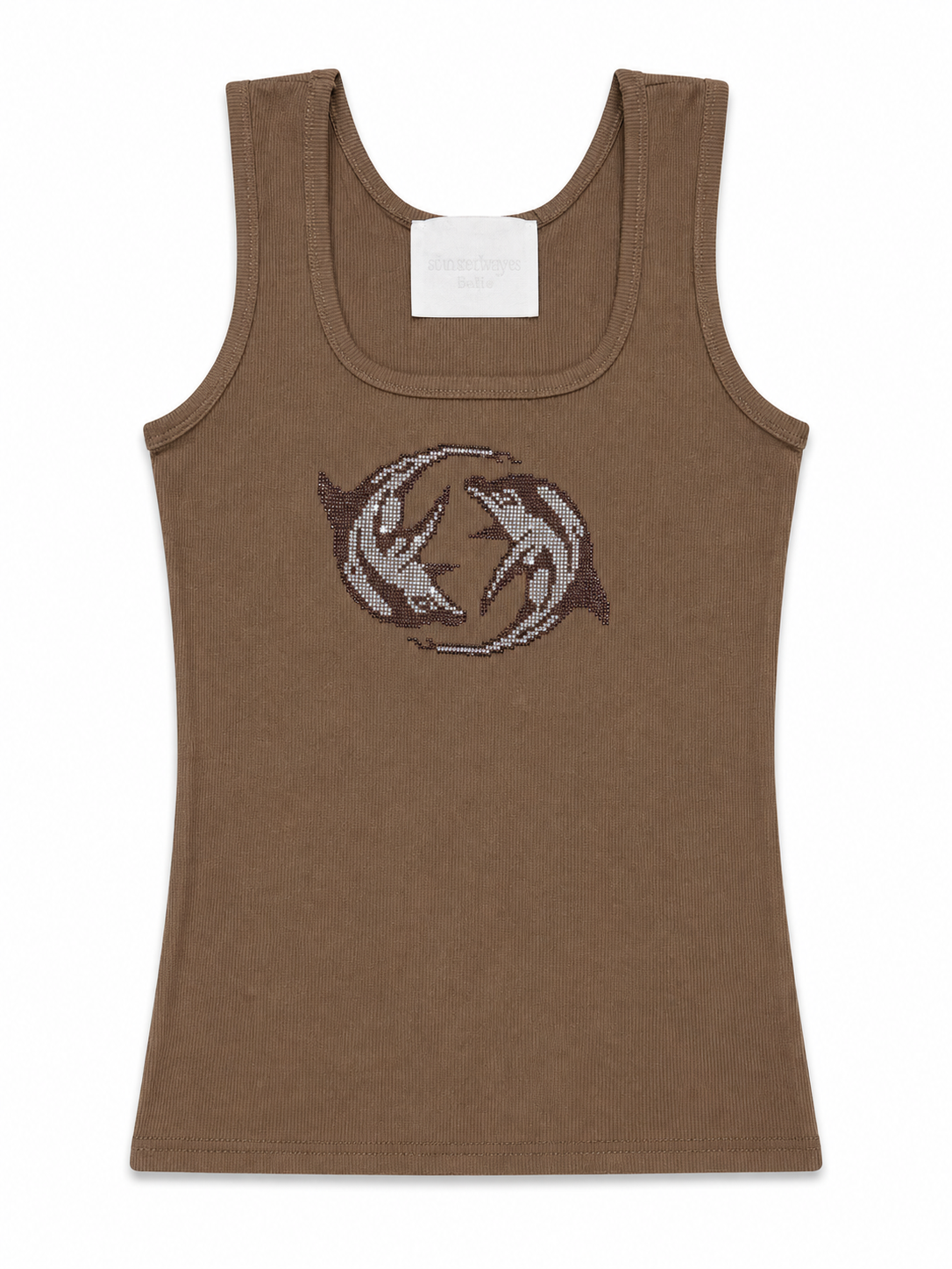 Rhinestone Dolphin Ribbed Tank Top - Brown
