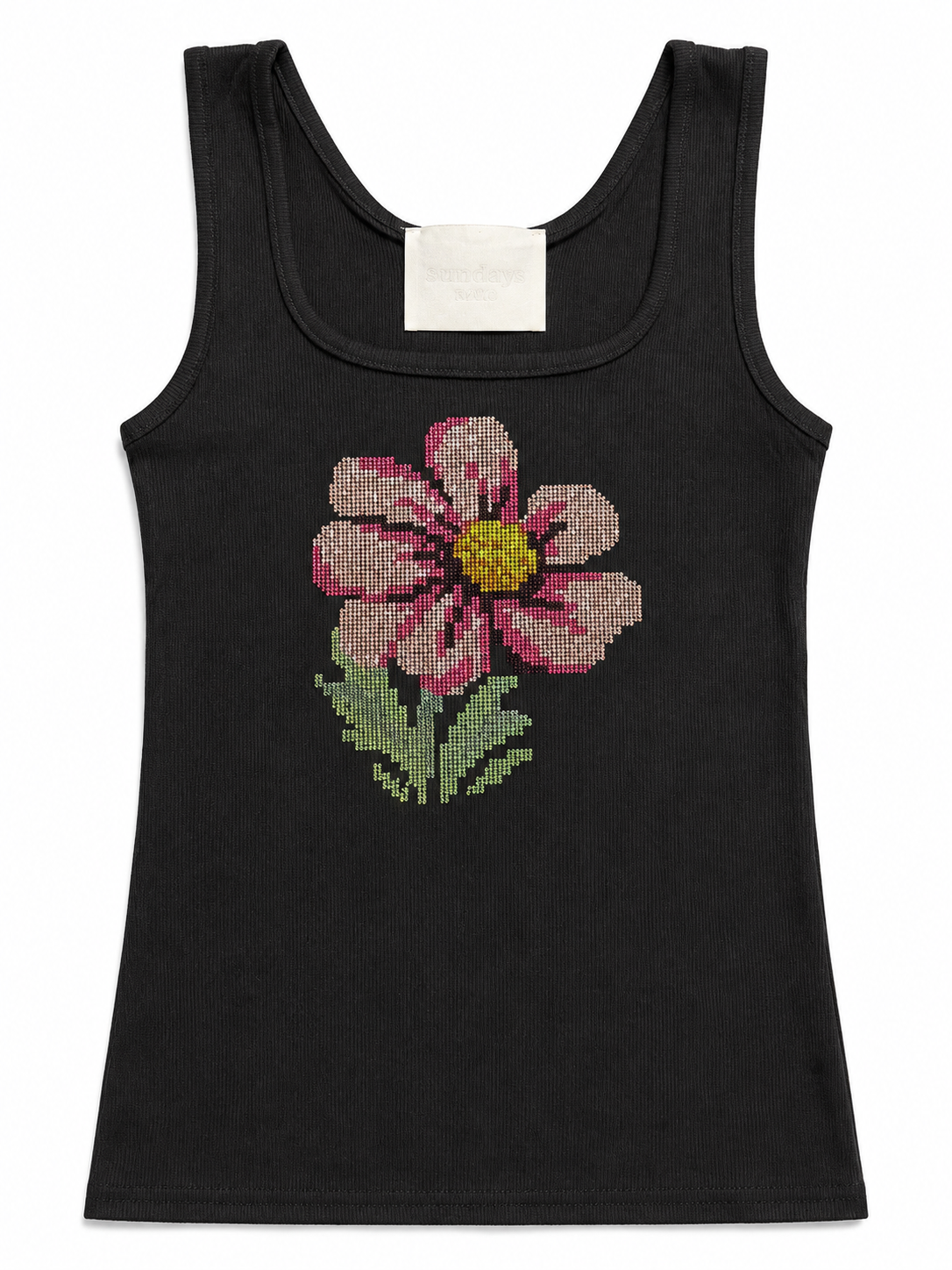 Blue Daisy Rhinestone Tank Top - Black