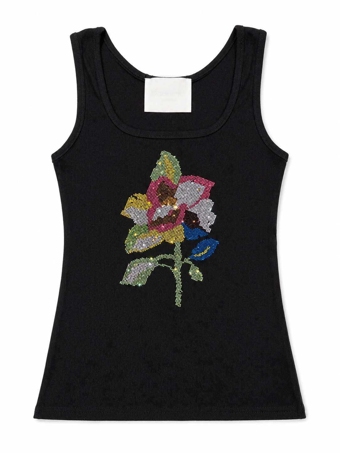 Pink Rose Rhinestone Tank Top - Black
