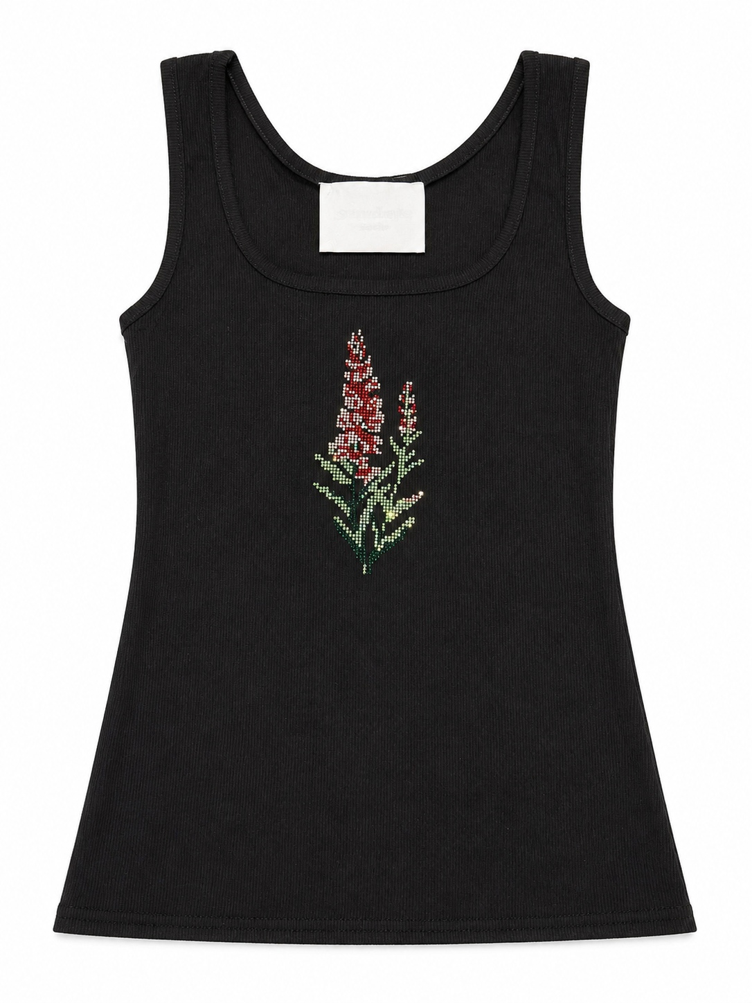 Rhinestone Floral Ribbed Tank Top – Black