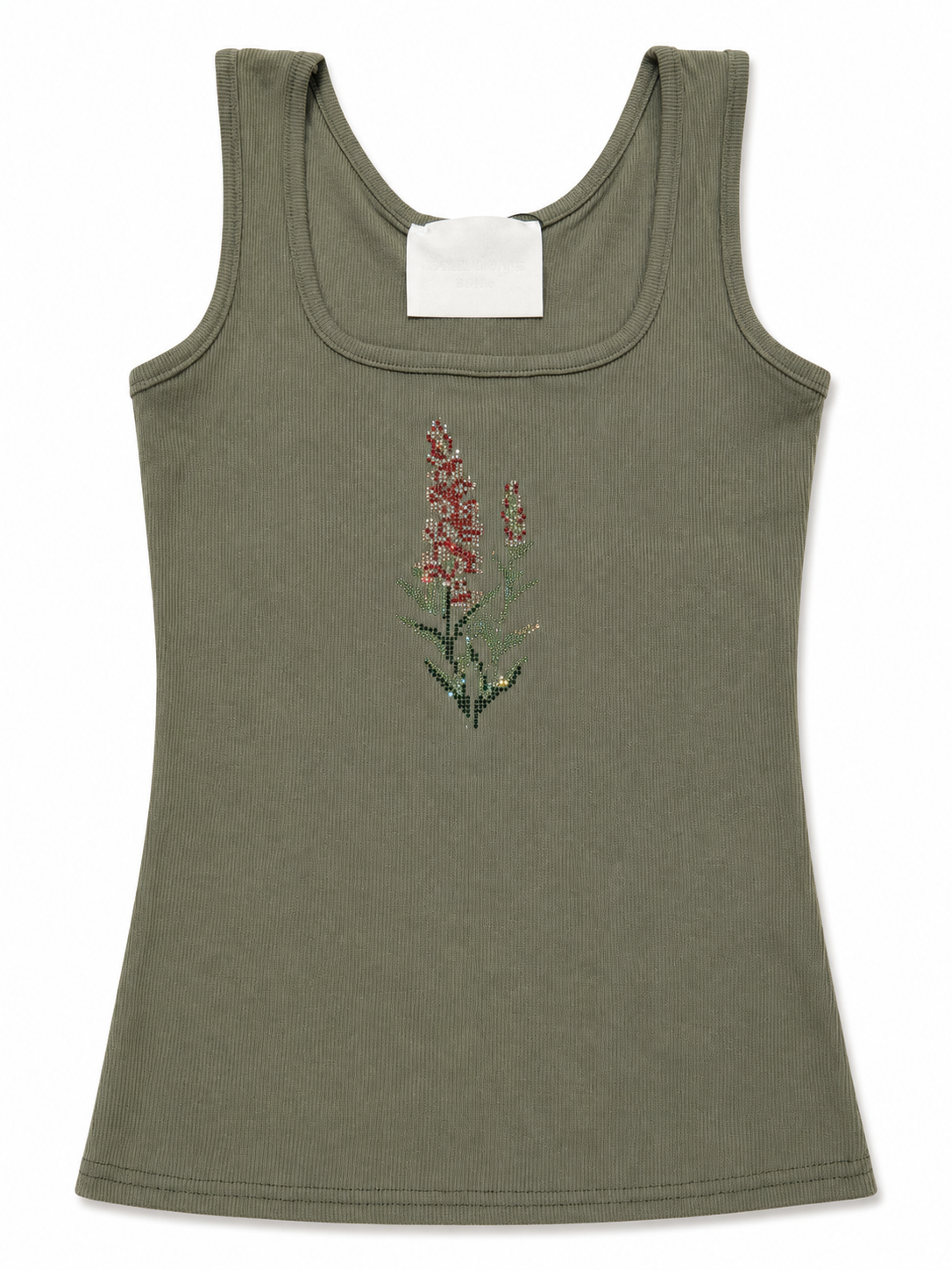 Rhinestone Floral Ribbed Tank Top – Olive Green
