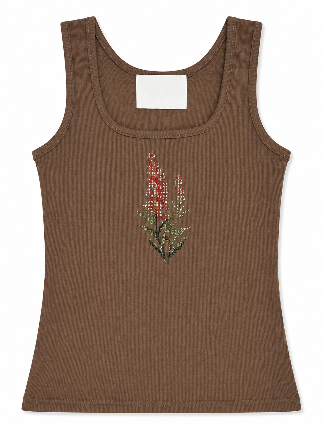 Rhinestone Floral Ribbed Tank Top – Brown