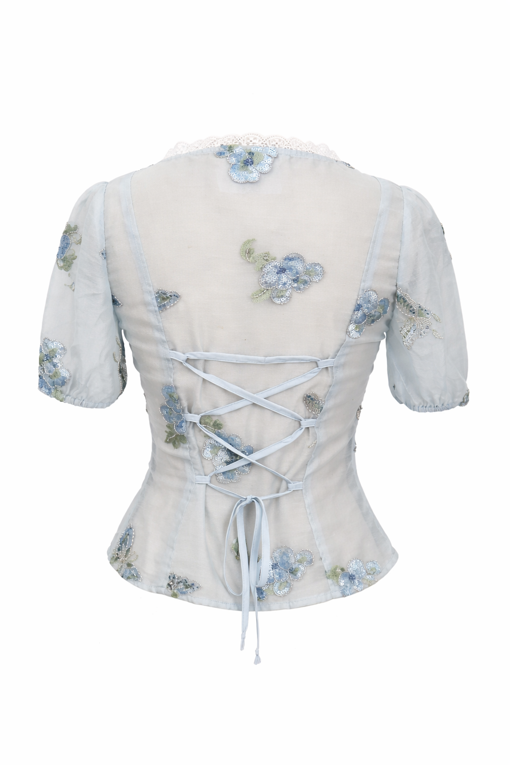 Light blue peplum blouse back with lace collar and crisscross tie straps