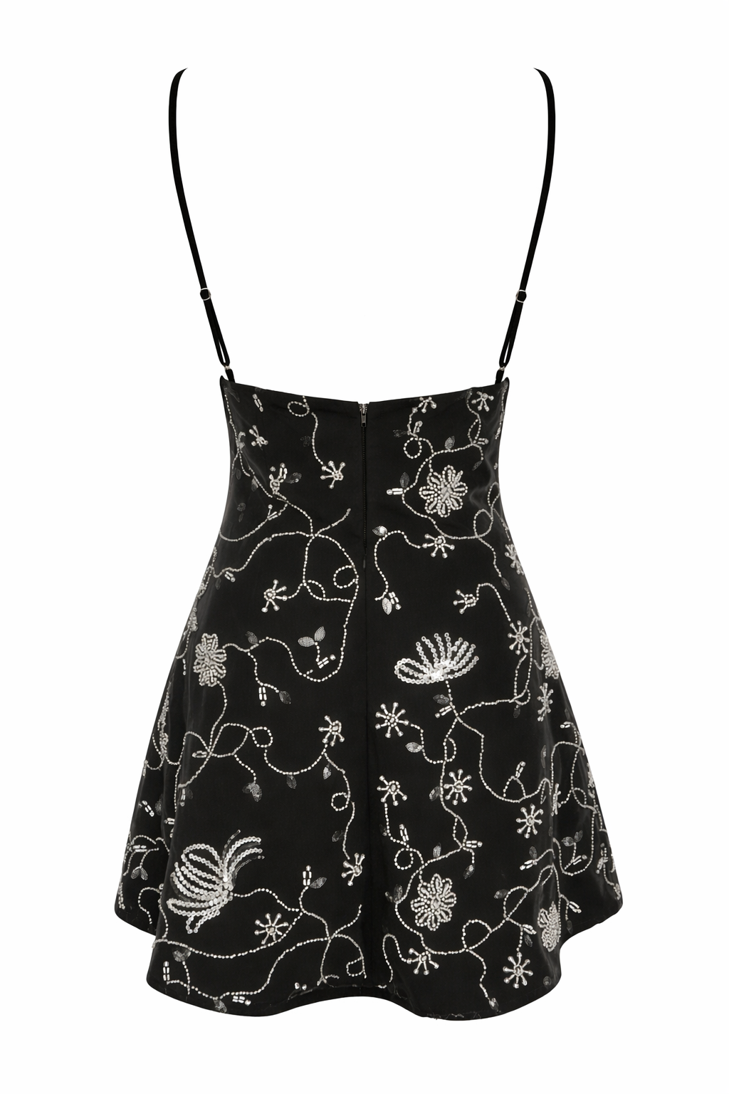 Beaded mini dress flat back with thin straps and silver floral embroidery on dark fabric