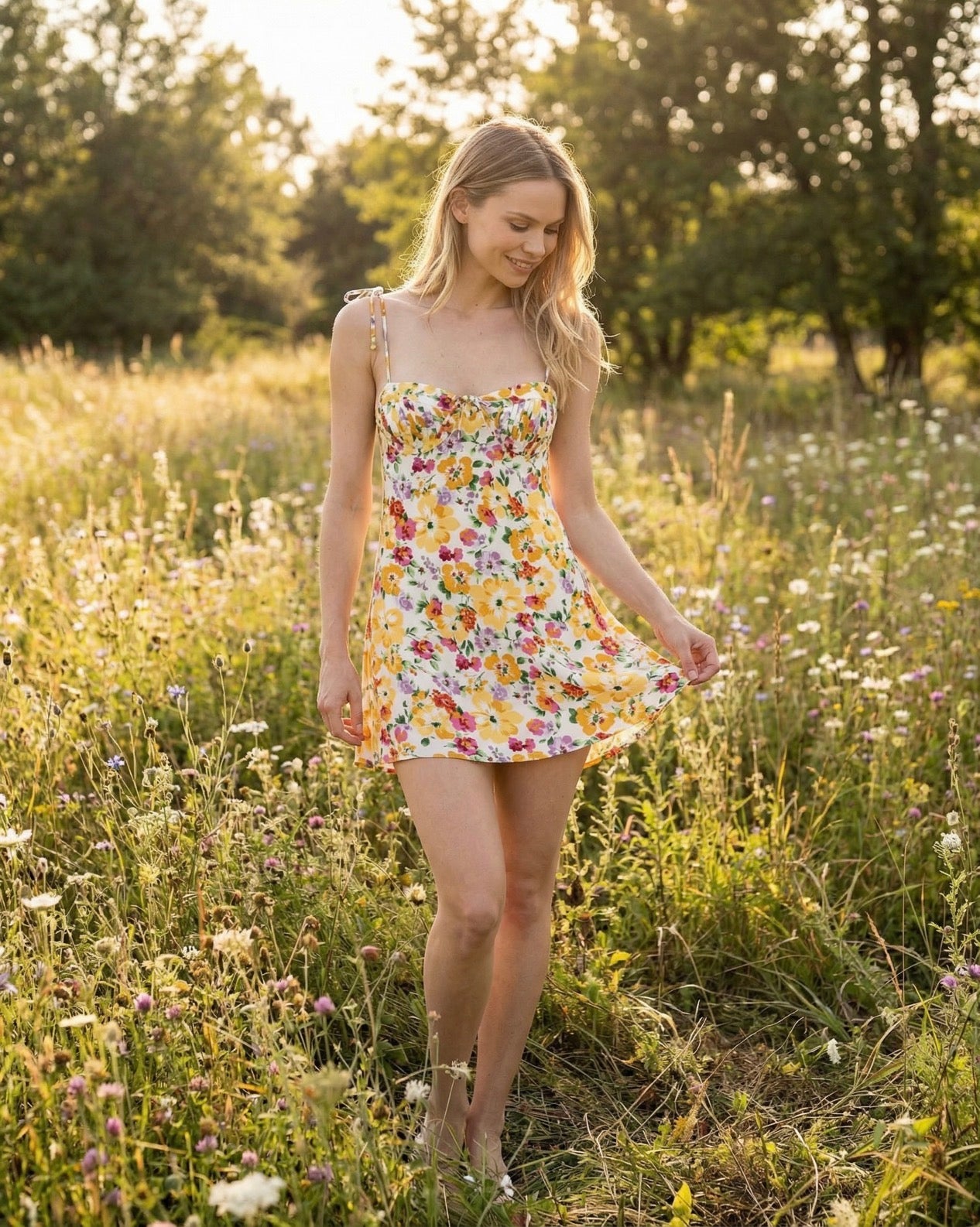 Floral mini dress with spaghetti straps and scoop neckline, yellow with colorful blooms