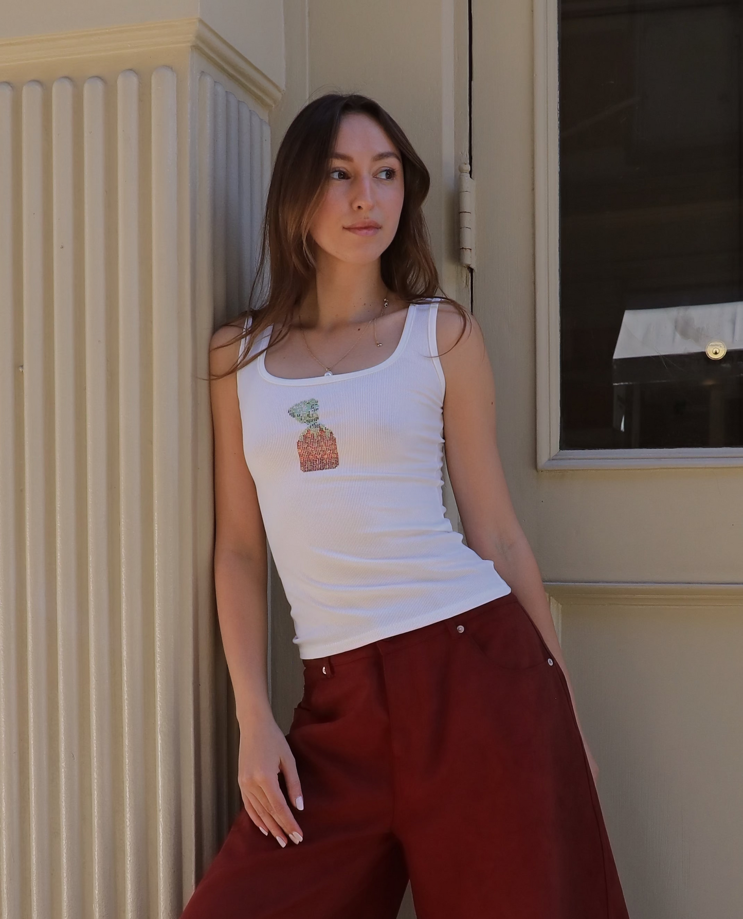 White tank top with rhinestone strawberry graphic, sleeveless scoop neck