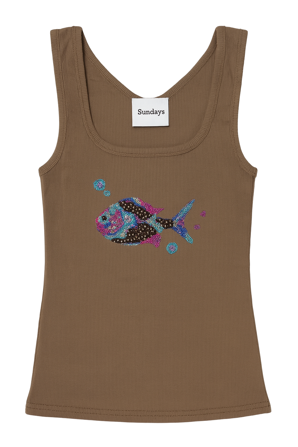 Brown tank top with a colorful fish design on a white background