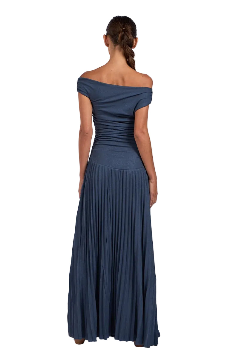 Off-shoulder ruched back maxi dress with pleated skirt, dark blue