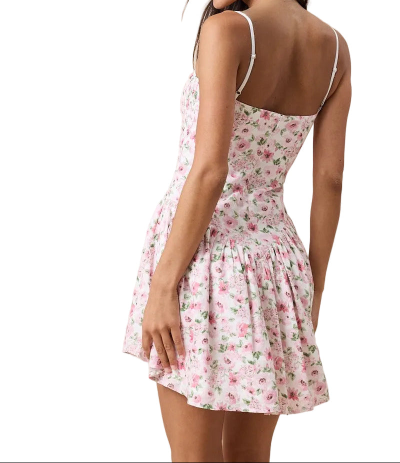 Josephine dress, backless with thin straps, pink floral gathered skirt