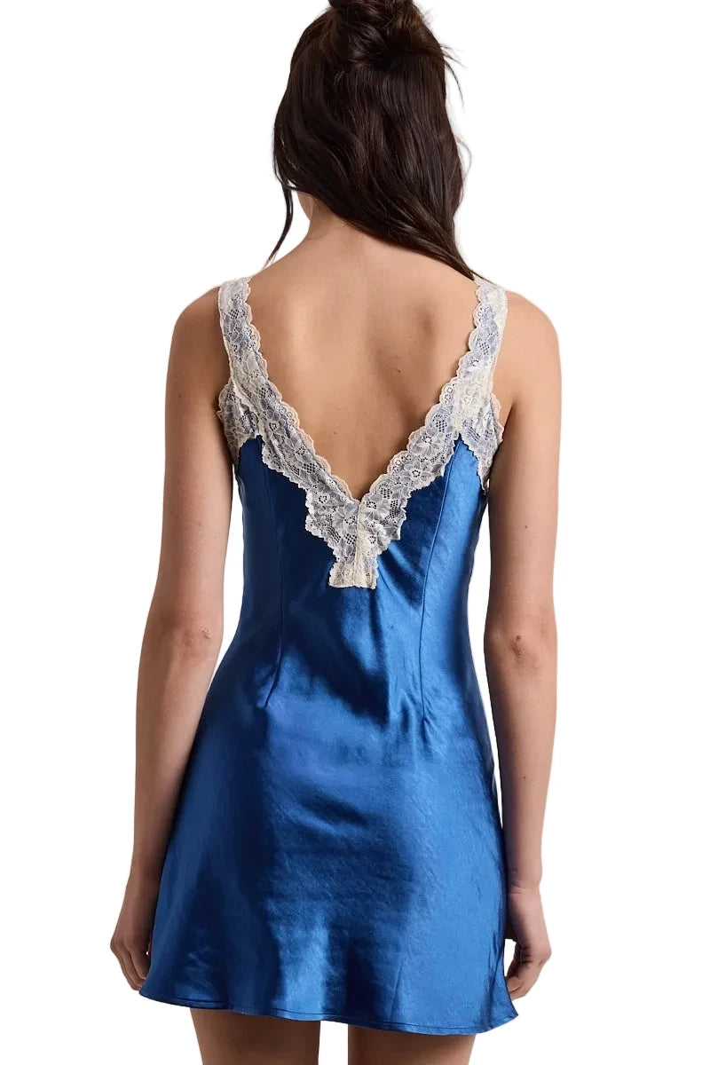 Back of Paisley dress in blue satin with lace V back and spaghetti straps