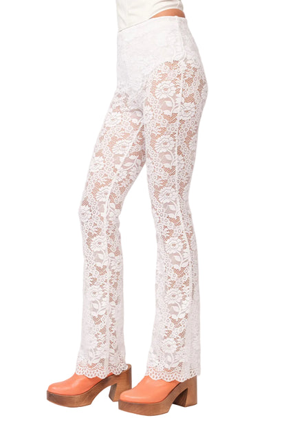 White lace pants with ornate floral motif, slightly flared straight leg