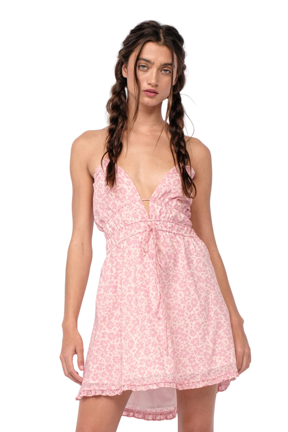 Pink floral V-neck babydoll dress with tie waist and ruffled hem