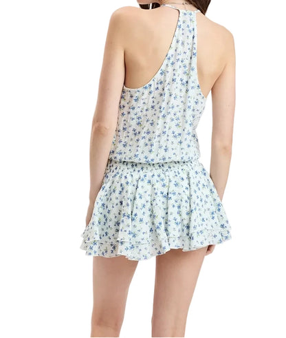 Light blue floral mini dress with open back and tiered ruffle hem