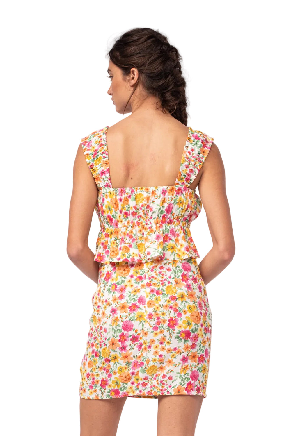 Lilly set floral back with gathered bodice, ruffled straps, matching mini skirt