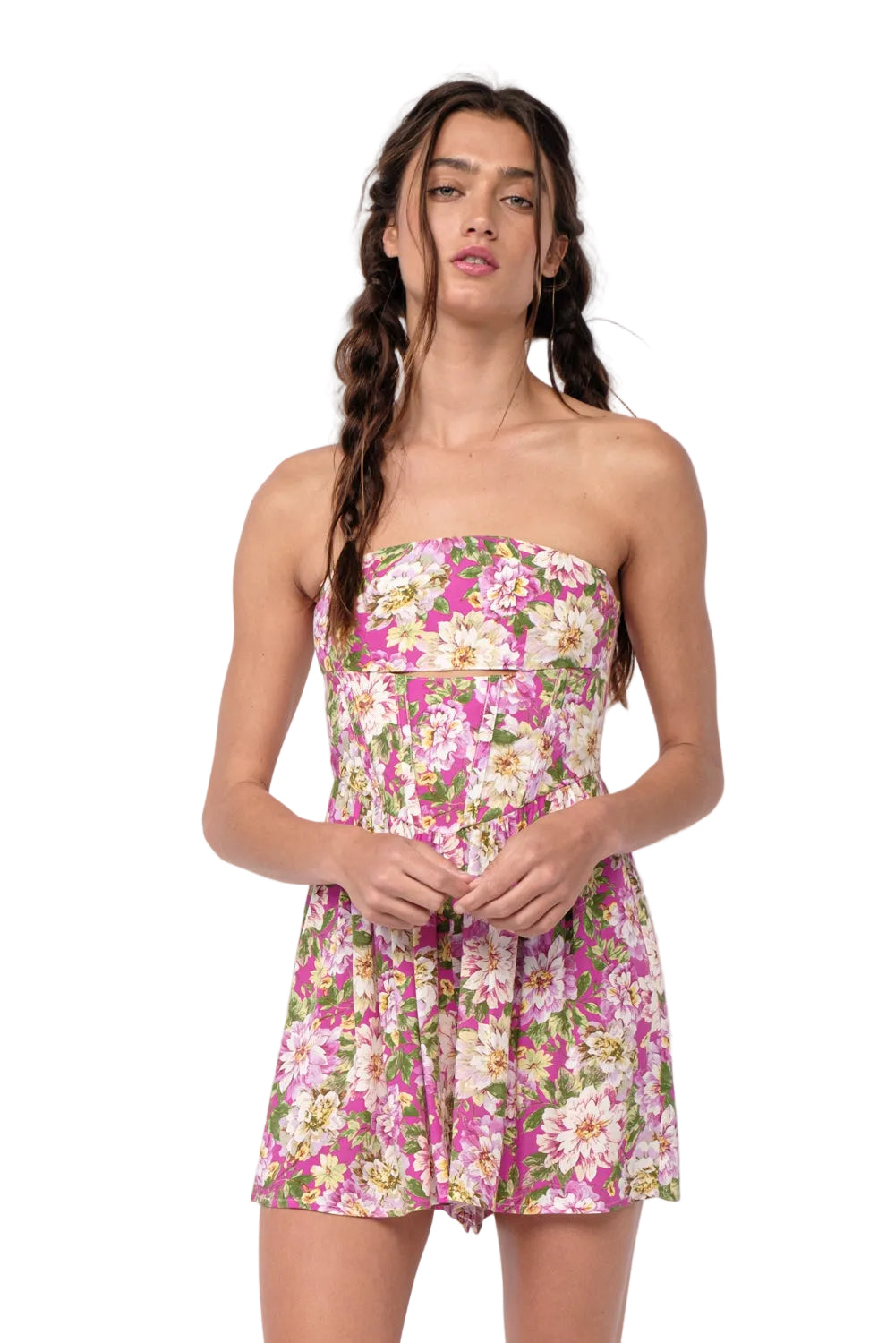 Strapless floral short dress in pink, white, and yellow with gathered waist