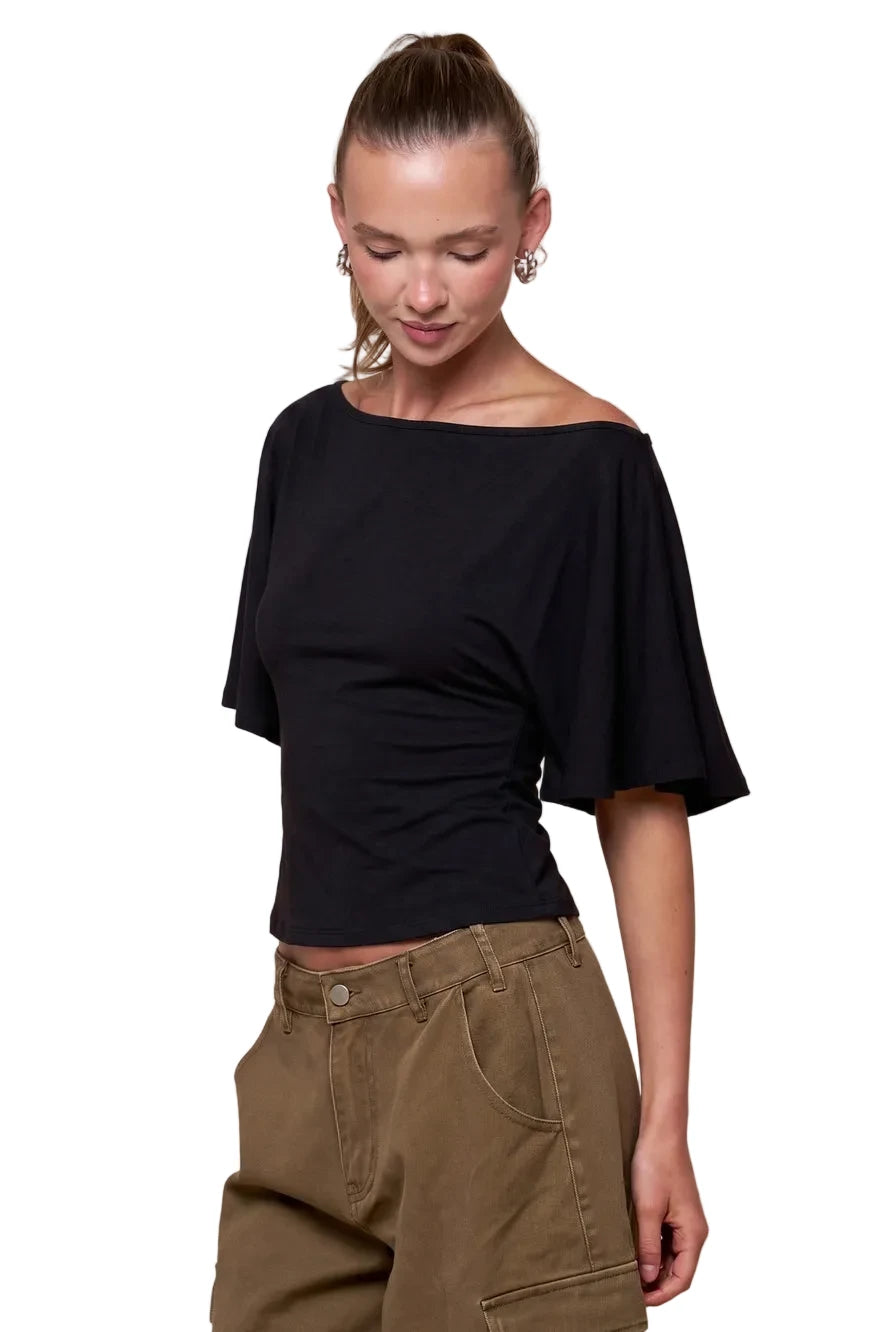 Black draped top with wide neckline and short flutter sleeves