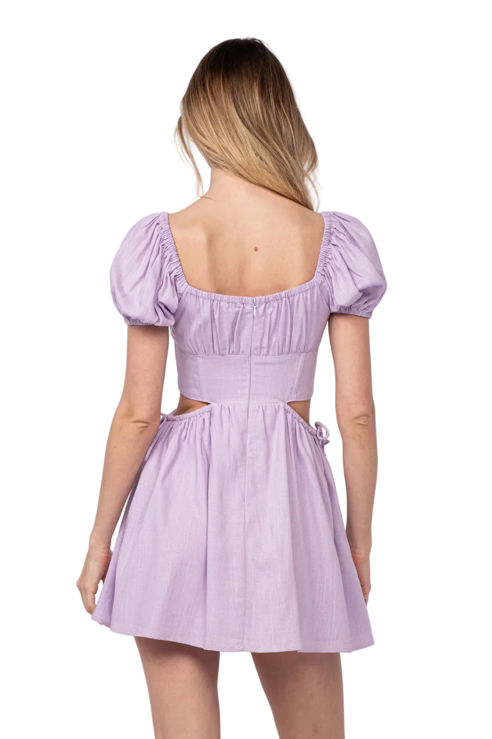 Back of lilac dress with ruched puff sleeves and open back cutout