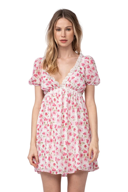 Floral mini dress with lace-trim V-neck, puff sleeves, and gathered skirt