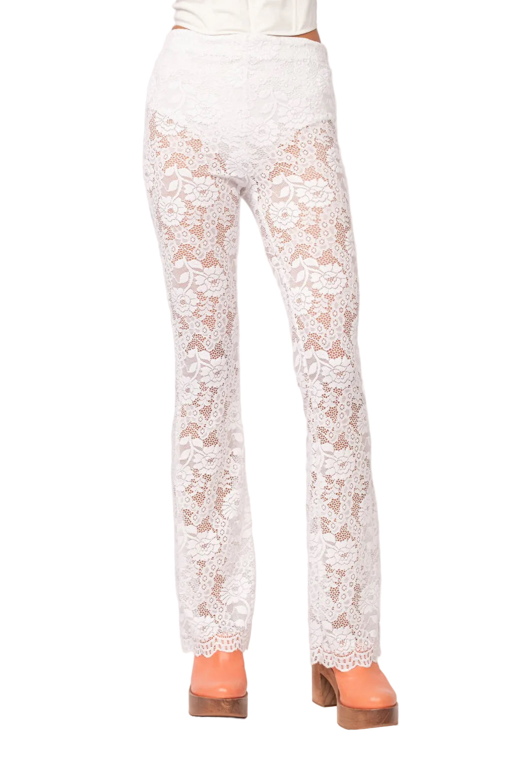 White lace pants with allover floral pattern, straight fit