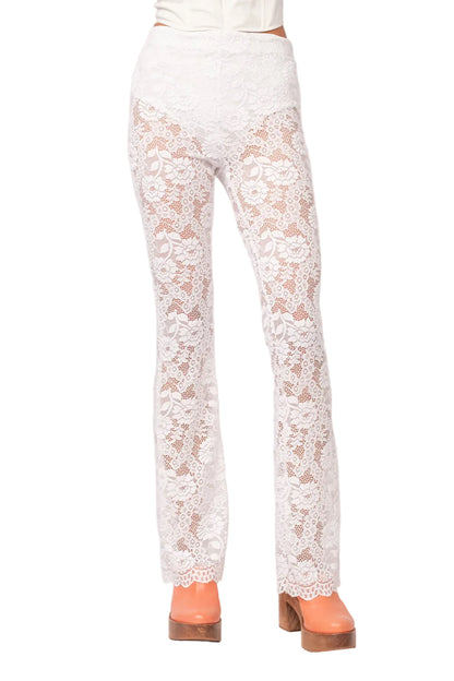 White lace pants with allover floral pattern, straight fit