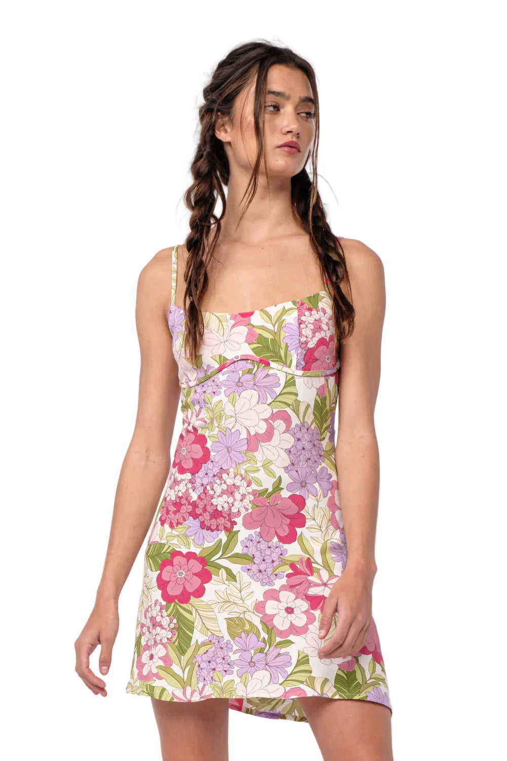 Floral mini dress, sleeveless with square neckline and pink-purple pattern