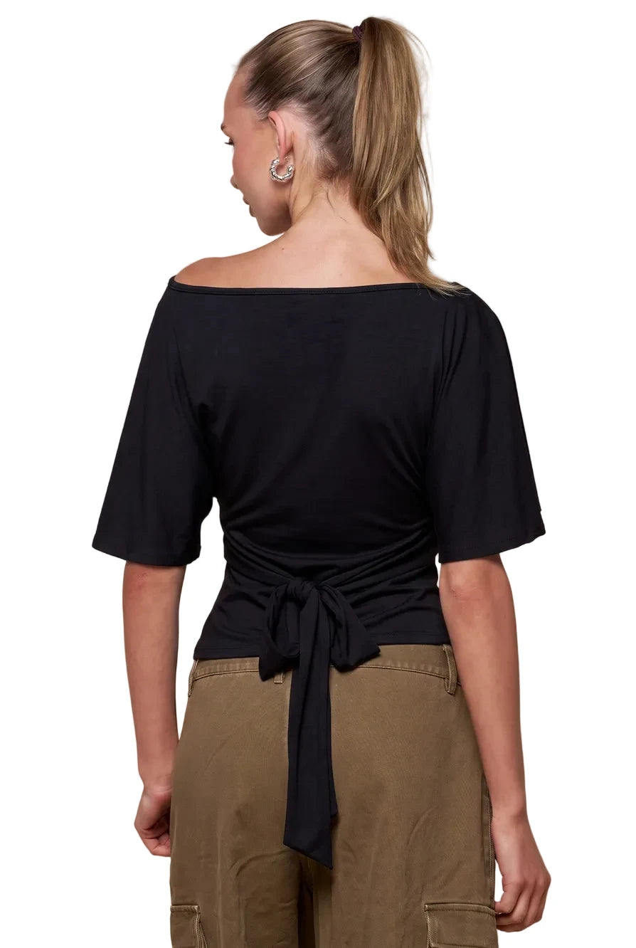 Black tie-back draped top with short flutter sleeves