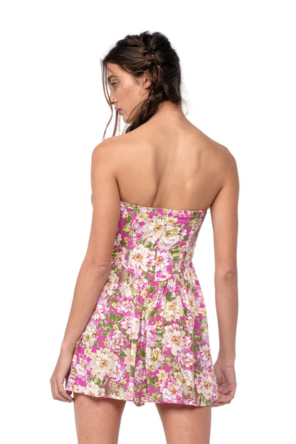 Backless strapless floral short dress with pink, white, and yellow print