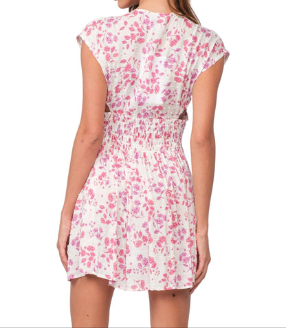 Floral short-sleeve dress with pink blooms and gathered back waist