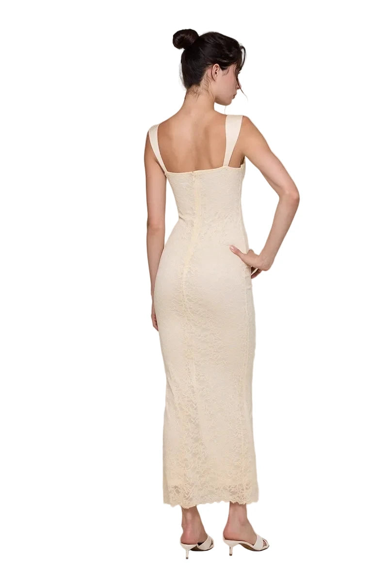 Cream lace midi dress, open back with spaghetti straps and fitted silhouette
